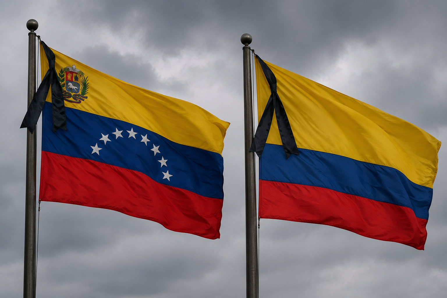 Banderas de Venezuela y Colombia con lazos de luto